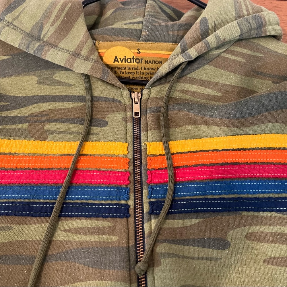Aviator Nation Men's Camouflage Zip-Up Sweater with Multicolor Stripes - Picture 2 of 4